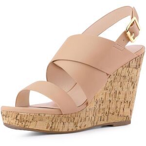 Open Toe Cork Platform Wedge Heels Sandals Nude